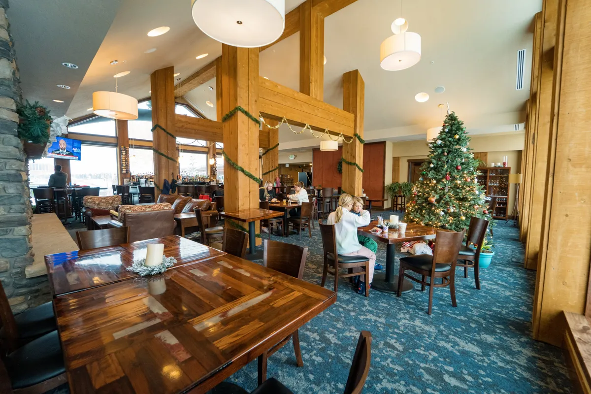 A festive and welcoming lodge interior with a glowing Christmas tree, exposed wooden beams, comfortable seating, and a bar counter. The room exudes warmth and community, ideal for relaxing or celebrating after a day outdoors.